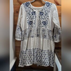 100% Cotton Boho Blue Dress Lined Flared Sleeves 0118